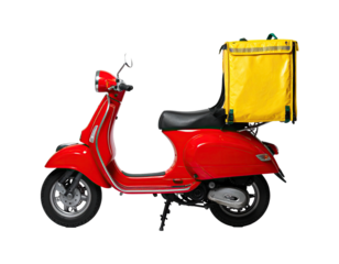 A red vintage scooter with a yellow delivery bag against a black background