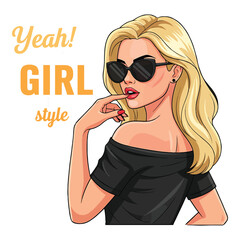 Stylish blonde woman with sunglasses and off the shoulder top exuding confidence and girl power vibe
