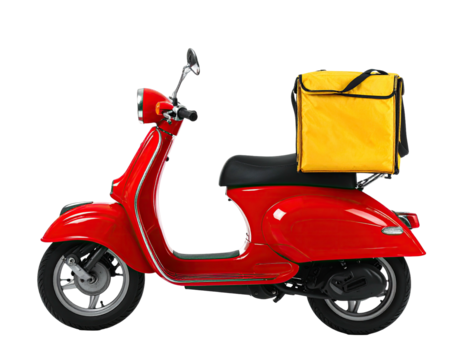 A red vintage scooter with a yellow delivery bag, isolated on a transparent background