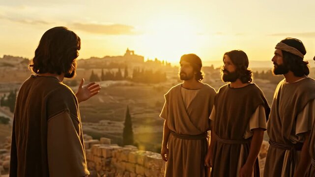 Jesus Christ preaches to his disciples looking at Jerusalem walls at sunset. Biblical scene with sermon and parables.