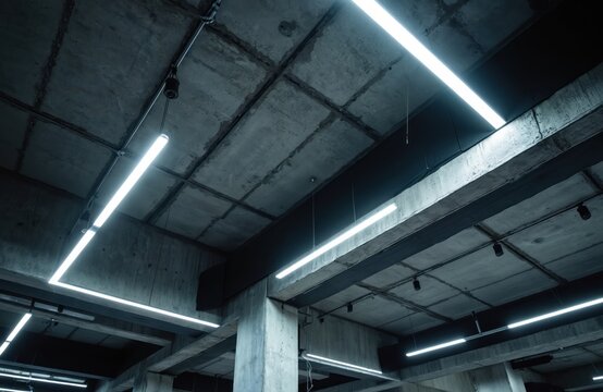 Modern linear led lights illuminate concrete ceiling beams. Industrial building interior with exposed structure and unfinished walls. Bright electric lamps light up dark space, creating atmosphere. - Powered by Adobe