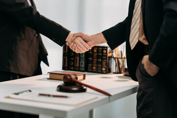 Agreement in the Courtroom: A crucial moment unfolds as two individuals in formal attire seal a partnership with a firm handshake, symbolizing a commitment within a legal setting.