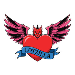 Red heart with dragon crown and pink feathered wings emblazoned with lotzilla banner