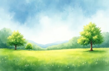 Obraz premium Green field with trees under blue sky and clouds. Rolling hills in background. Gentle light creates peaceful natural scene. Good for nature themes.