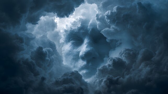 Divine human visage emerges from a swirling vortex of dark, dramatic storm clouds