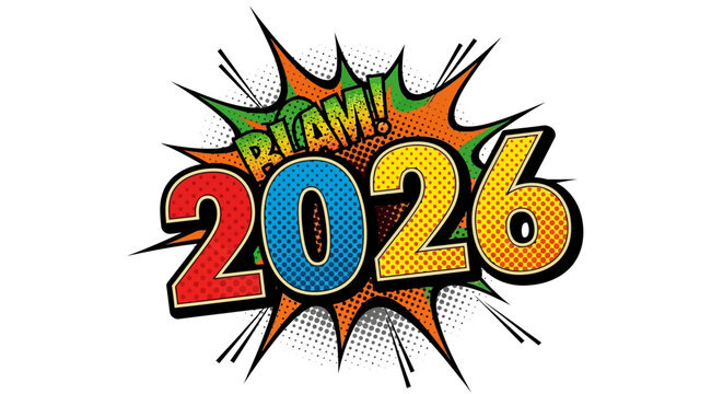 Comic book style text 2026 with blam sound effect and vibrant colors