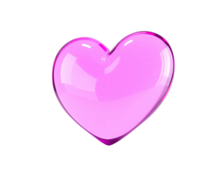 A glossy, transparent, pink heart shape isolated against a stark black background