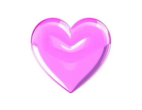 A glossy, pink, three-dimensional heart shape against a stark black background