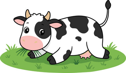 Cartoon cow on grass, cute farm animal, black white spots, playful pose, vector illustration, children content, nature, livestock design