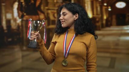Woman holding trophy and wearing medal inside church building with marble floor and warm lights; pride achievement.