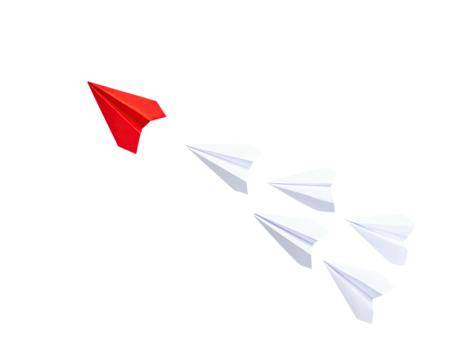 A red paper airplane leading a group of white paper airplanes against a black background