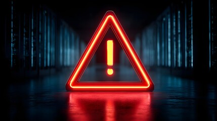 Glowing neon warning sign sits prominently on a dark, atmospheric reflective surface