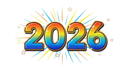 Obraz premium Vibrant year 2026 text with rainbow gradient and starburst effect
