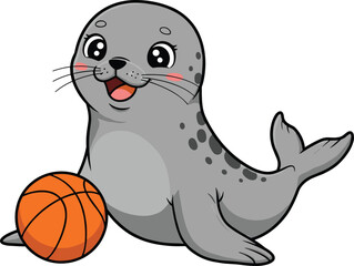 Cartoon seal illustration, playful marine animal, gray spotted body, smiling face, basketball interaction, children’s book art, educational wildlife drawing, fun character design