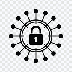 Cybersecurity network icon featuring central padlock symbol representing data protection and secure digital connections