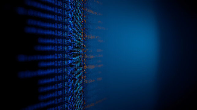 Abstract digital background with blue binary code lines fading into darkness, concept of technology, data and cyber space.