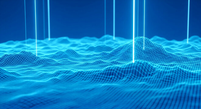 Abstract blue grid landscape with glowing beams, showcasing a digital or technological concept suitable for website banner or background