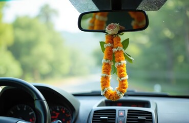 Thai vehicle interior shows floral garland hanging from rear view mirror. Orange marigolds and white blossoms adorn car dash. Symbol of good luck and protection during travel.