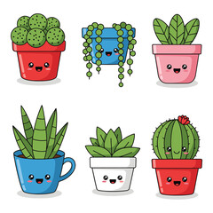 Collection of six adorable kawaii style potted plants with cute faces and happy expressions