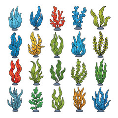 Collection of colorful artificial aquarium plants and corals in various shapes and sizes on white background