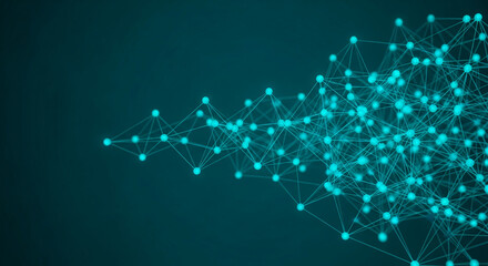 Abstract teal network graphic, nodes and lines forming a complex connection, showcasing technological network, communication, or connectivity concept, ideal for digital background