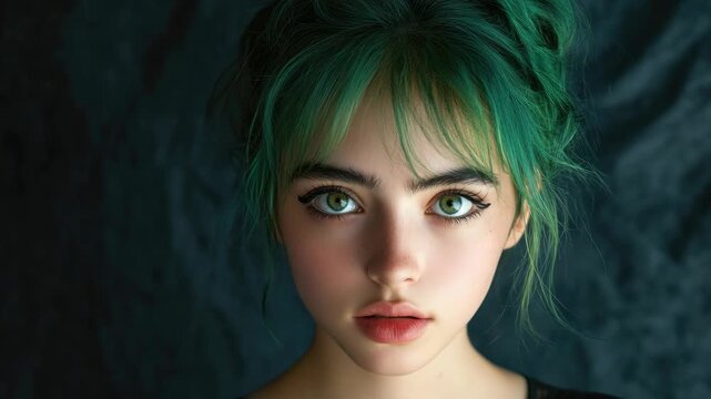 An artistic and edgy portrait of a young woman with green hair, striking red lips and a modern, gothic makeup style.