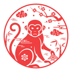Traditional chinese paper cut art of a red monkey holding a decorative object surrounded by clouds and branches