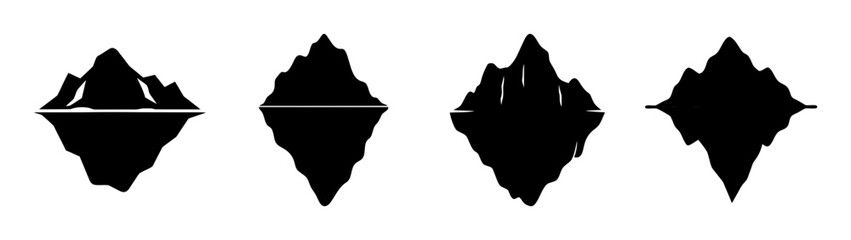 Four stylized black diamond-shaped icebergs with reflected underwater portions displayed horizontally