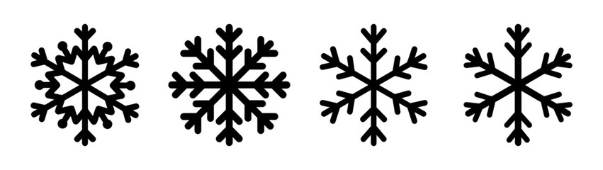 Four unique black snowflake icons representing winter cold and frozen nature