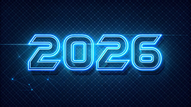 2026 Neon Blue Glow, Futuristic New Year Tech