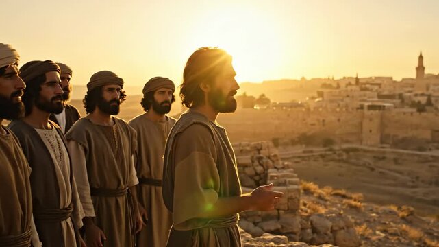 Jesus Christ preaches to his disciples looking at Jerusalem walls at sunset. Biblical scene with sermon and parables.