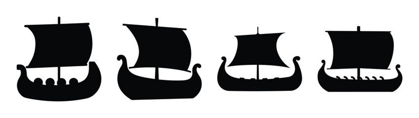 Four black silhouette viking longships in a row historical maritime vessels for design