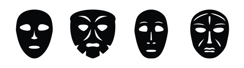 Four distinct tribal masks with black features and white accents displayed side by side