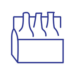 Simple blue outline illustration of a six-pack of bottles in a carrier.