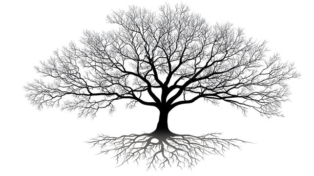 Detailed silhouette of a large deciduous tree showing its extensive root system against a white background