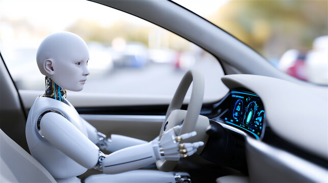 Humanoid robot driving modern electric car on city street, concept of artificial intelligence, automation and future mobility.