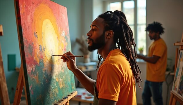 Black artist with dreadlocks paints abstract canvas in studio. Man creates colorful oil artwork using brush and palette. Another person works on easel in background.