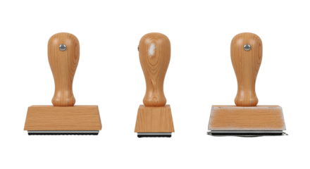 Three Wooden Rubber Stamps for Office and Crafts Realistic Detail Different Angles Stamping on transparent background