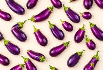 Endless repeating pattern of vibrant purple eggplants against a neutral background, seamless pattern, seamless