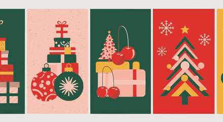 Set of five geometric vector Christmas and holiday vertical banners. Retro-modern flat design featuring stacked gifts, stylized trees, ornaments, and cherries in red and green colors. 