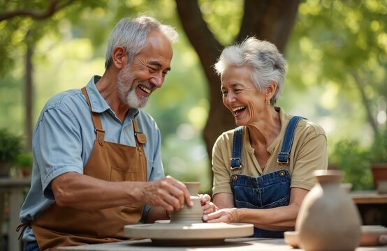 Happy senior Asian couple working together in pottery workshop. Elderly man and woman have fun with clay and art. Old people enjoy creative activity in craft studio. - Powered by Adobe