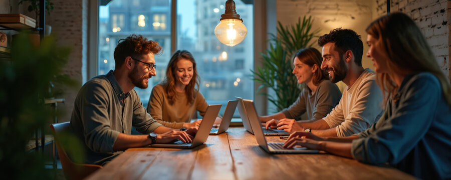 Diverse group of colleagues collaborate around table with laptops in cozy office space. Young professionals work together on project during evening, building ideas through discussion and teamwork.