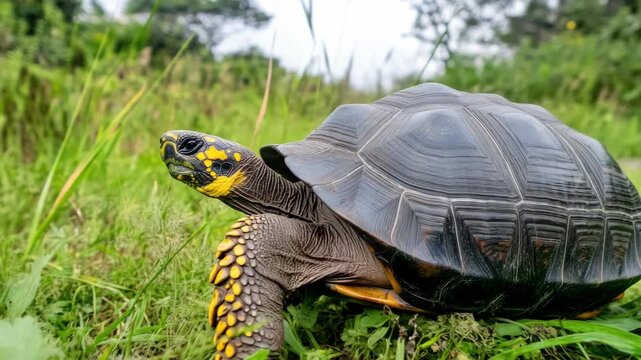 A tortoise, known for its slow pace, walking across a grassy field amidst natural surroundings.