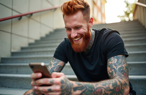 Smiling bearded man with red hair and tattoos sits on outdoor stairs holding a smartphone. He wears a black t-shirt and looks at his device with joy. Modern lifestyle captured.