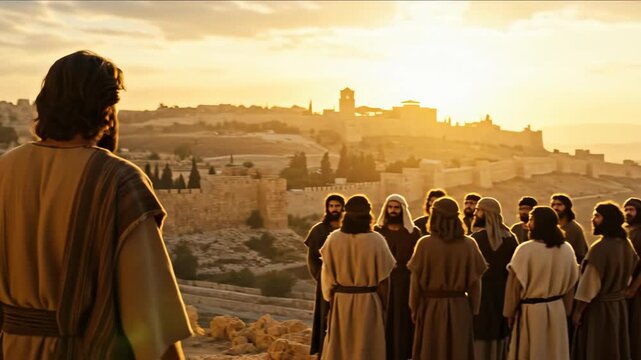 Man preaching to apostles and disciples about Jerusalem at sunset. Jesus Christ teaching by the city walls, parable concept.