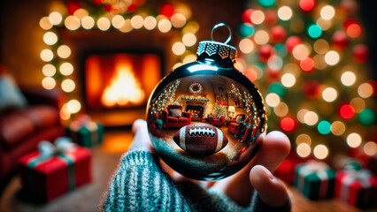 Hand holding Christmas ornament reflecting a football and cozy living room.