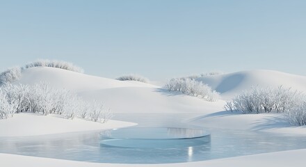 Winter landscape with frozen lake and icy podium for product display