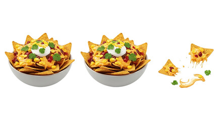 Two Bowls of Nachos Loaded with Melted Cheese Corn and Salsa Irresistible Snack Temptation for on transparent background