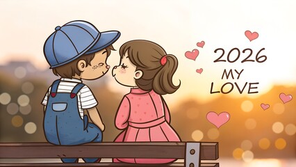 2026 My Love - Cute Couple on a Bench with Hearts