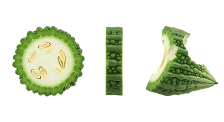 Bitter Melon Still Life Artistic Renderings of Cross Sections Longitudinal Cut and Bite on transparent background